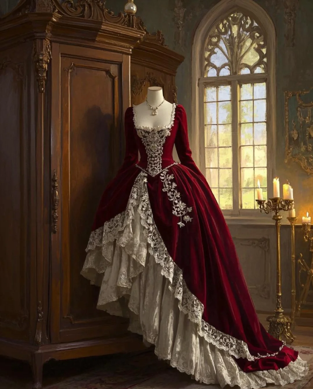 Elegant Wine Red A-Line Velvet Lace Vintage Evening Ball Gown Prom Gowns, DP5433