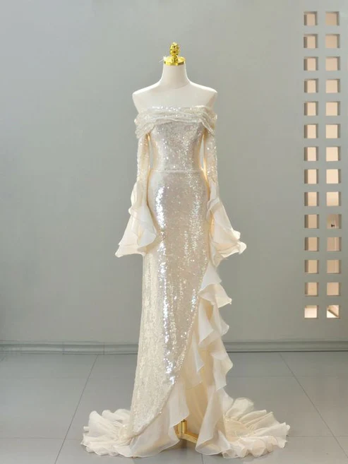 Robe de soirée longue sirène à paillettes champagne brillant, épaules dénudées, DP2801