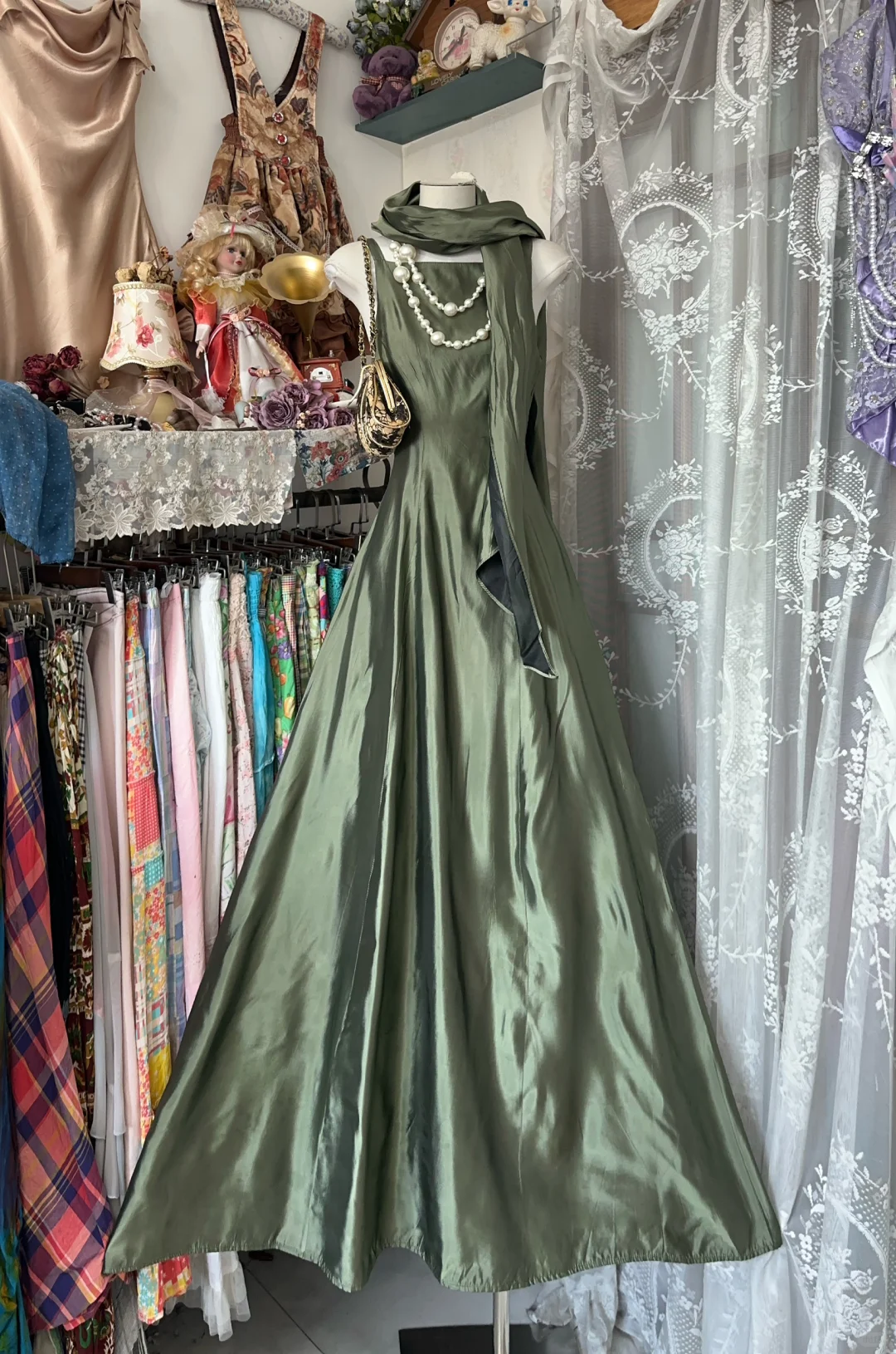 Vintage Green Satin Shawl Design Elegant A-line Long Evening Dress Prom Dresses DP6207
