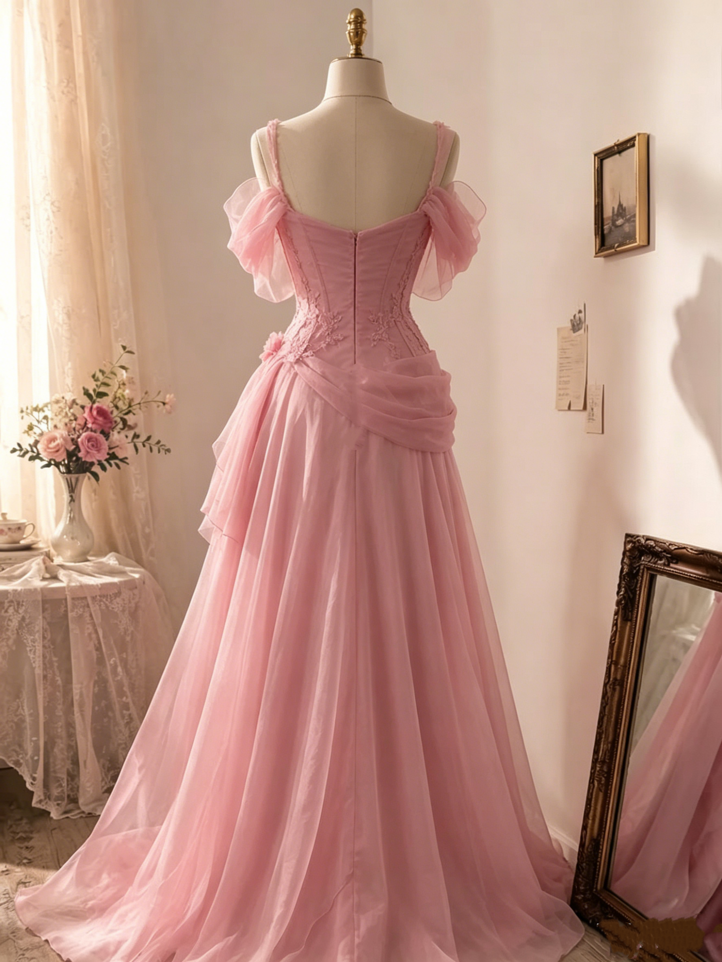 Elegant Pink Off-the-Shoulder Corset Tulle Floral Appliques High Slit Formal Evening Gown DP8466