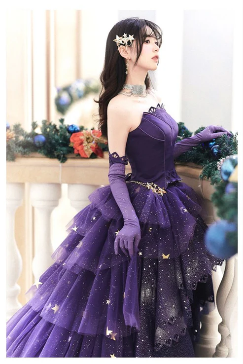 Stunning Purple Star Tulle Lace Evening Ball Gown Birthday Outfits, DP3425