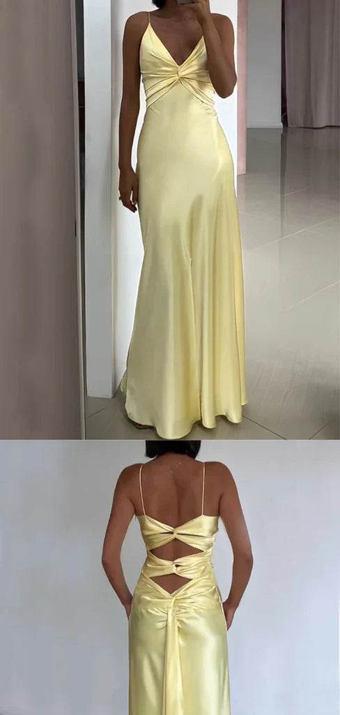 Vintage Gelb V-Ausschnitt Meerjungfrau Satin Spaghettiträger Partykleid Abendkleid Brautjungfernkleid DP6304