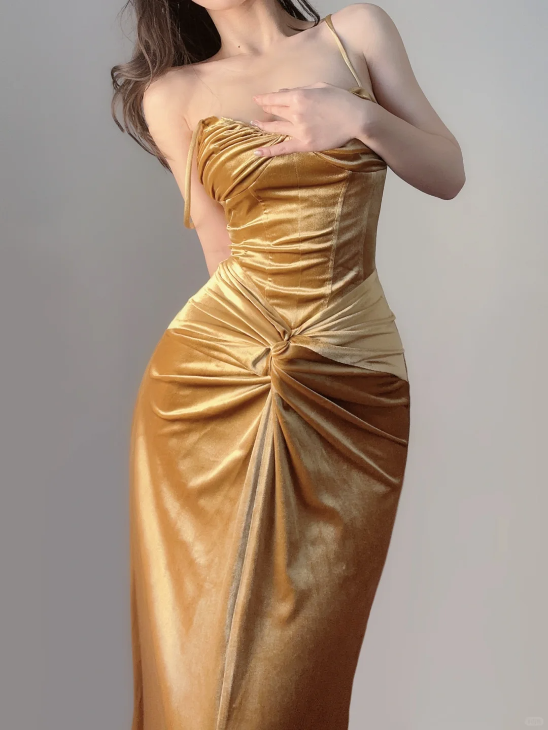 Gold Spaghetti Straps Mermaid Velvet Long Party Dress Evening Gown, DP5373