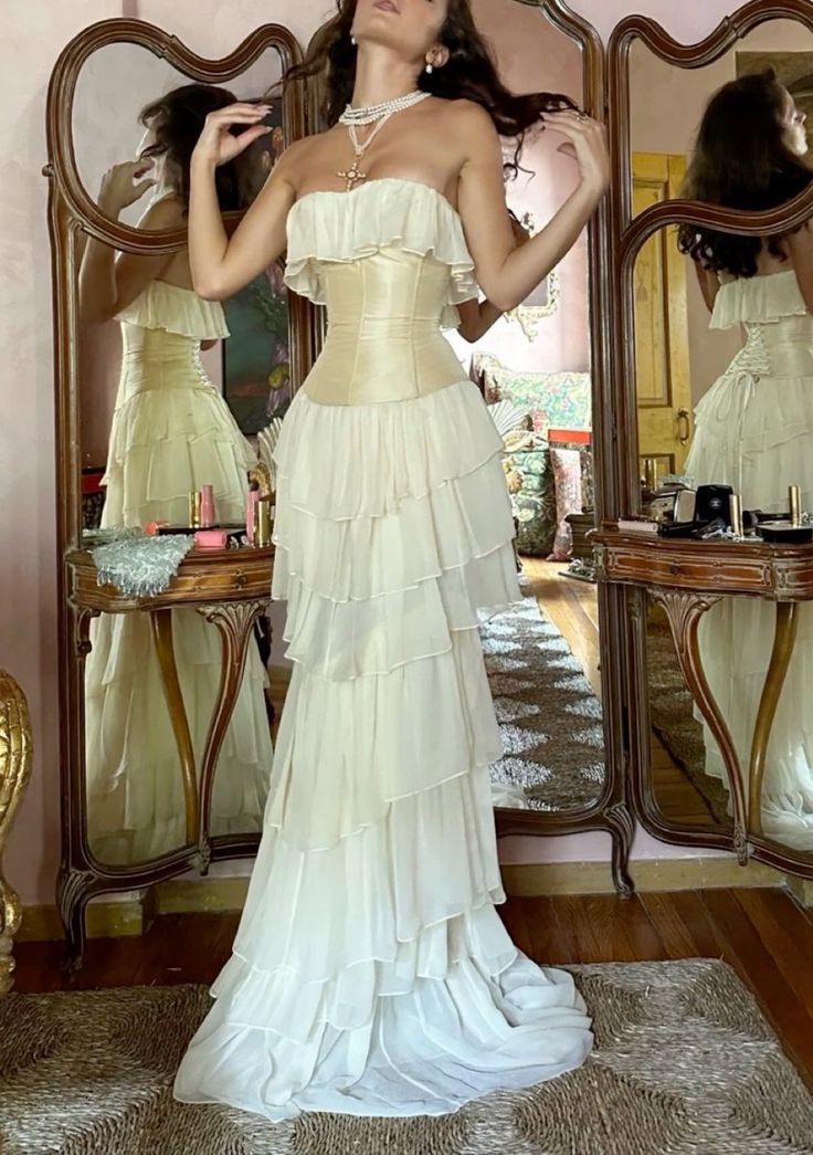 Gorgeous Ivory Strapless Chiffon Tiered Sheath Evening Dress DP2647 DSProm Gorgeous Ivory Strapless Chiffon Tiered Sheath Evening Dress DP2647 DSProm
