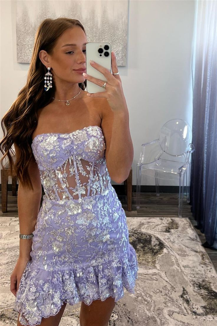 Lilac Strapless Sheath Ruffles Lovely Birthday Outfit Homecoming Dress, DP3201