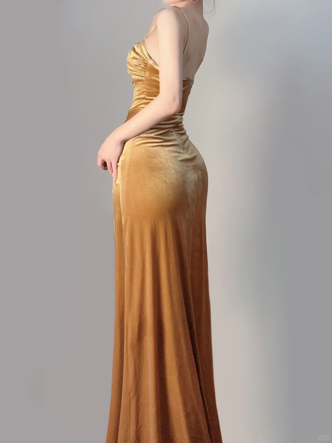 Gold Spaghetti Straps Mermaid Velvet Long Party Dress Evening Gown, DP5373