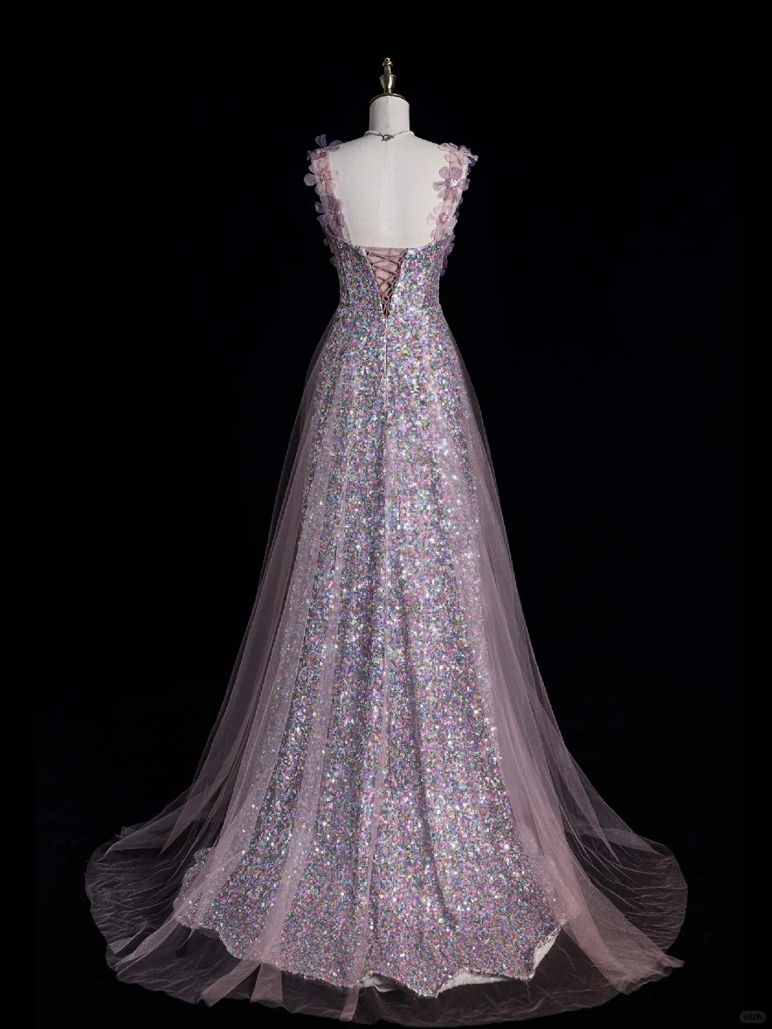 Stunning Pink Straps A-Line Floral Sequins Long Party Dress Birthday Outfits, DP5122