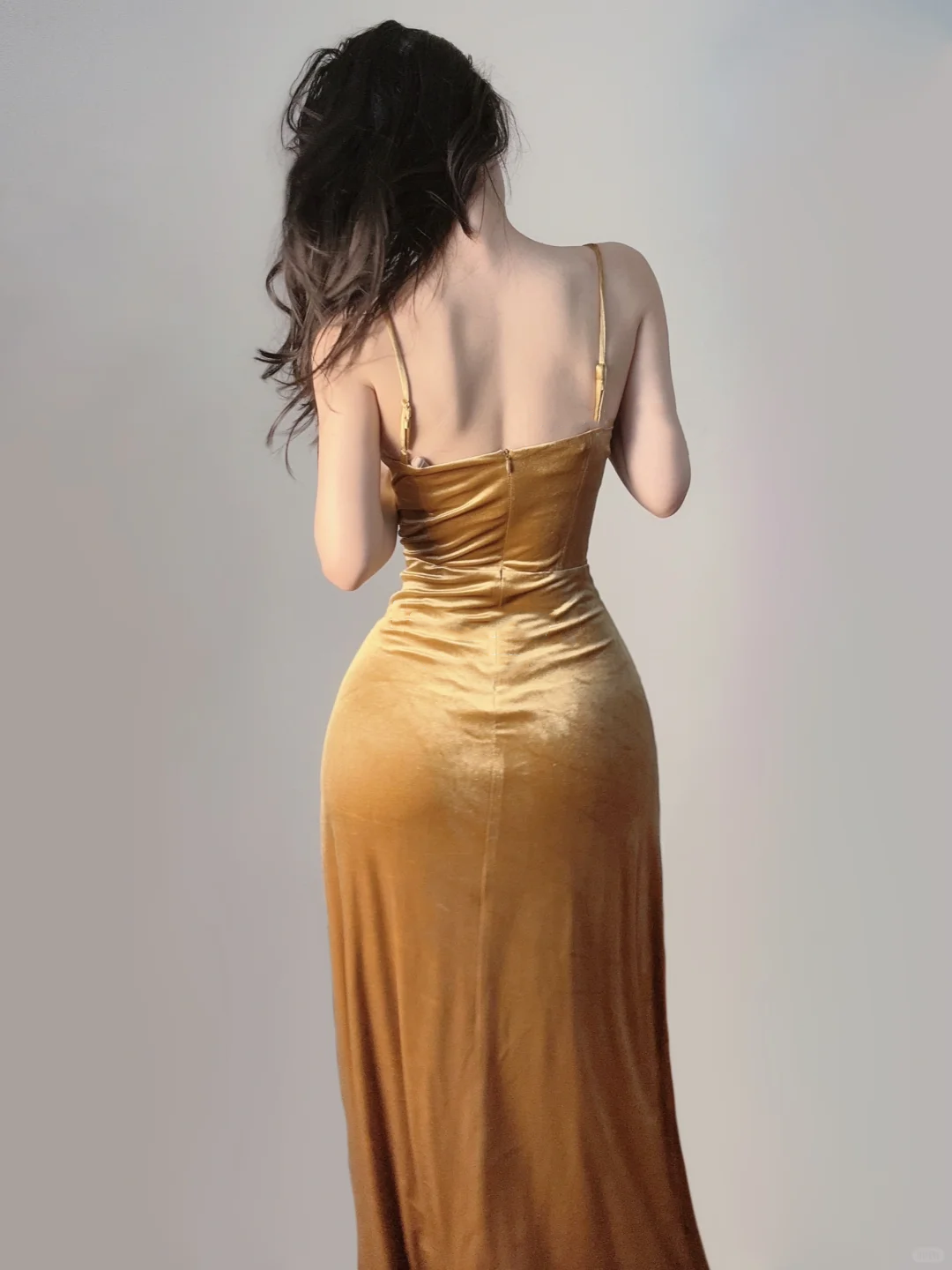 Gold Spaghetti Straps Mermaid Velvet Long Party Dress Evening Gown, DP5373