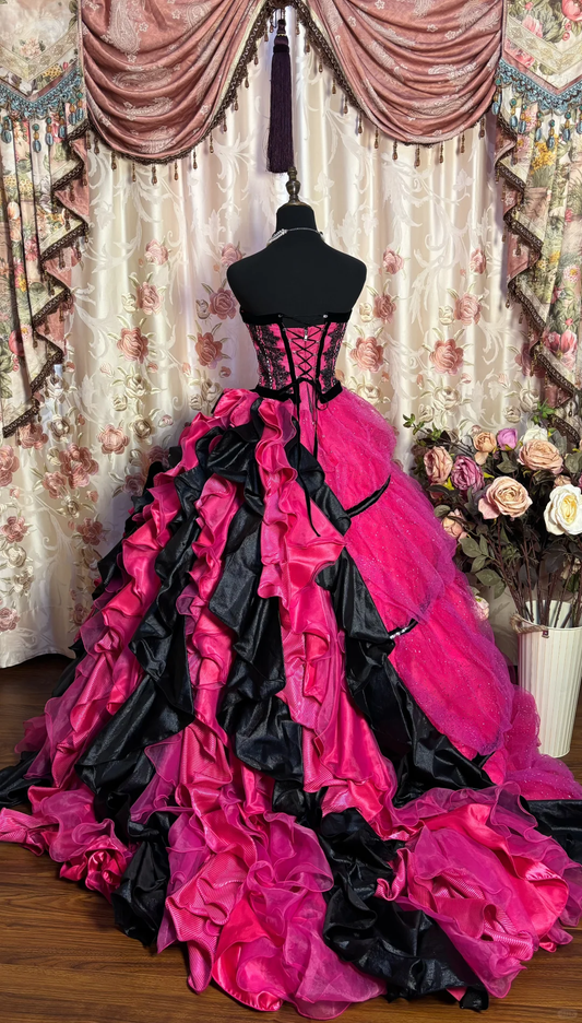 Robe de bal longue style rétro fuchsia sans bretelles, coupe trapèze, avec appliques, robe de bal d'anniversaire, DP5124