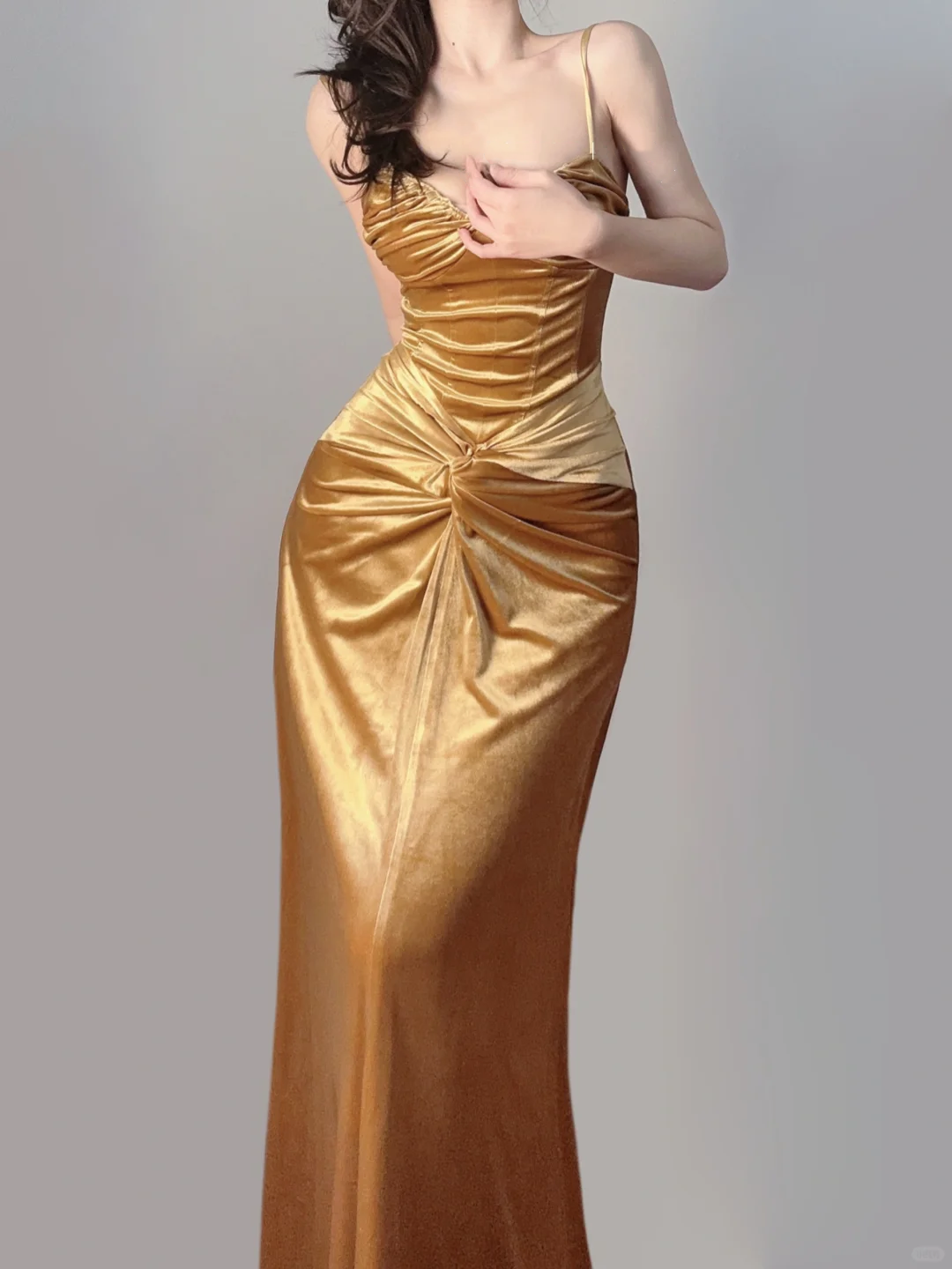 Gold Spaghetti Straps Mermaid Velvet Long Party Dress Evening Gown, DP5373