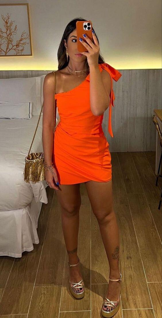 Robe fourreau orange asymétrique, robe de soirée courte, DP3320