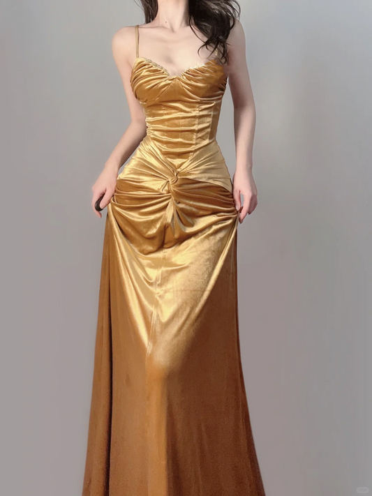 Gold Spaghetti Straps Mermaid Velvet Long Party Dress Evening Gown, DP5373