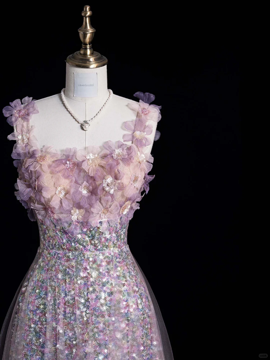 Stunning Pink Straps A-Line Floral Sequins Long Party Dress Birthday Outfits, DP5122