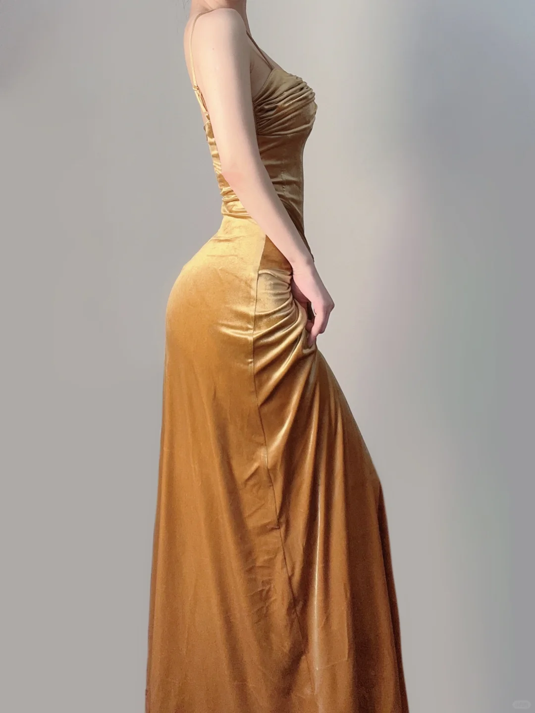 Gold Spaghetti Straps Mermaid Velvet Long Party Dress Evening Gown, DP5373