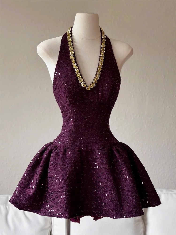 Vintage Purple Sequin Halter Dress Design A-line Party Dress Homecoming Dress, DP5831