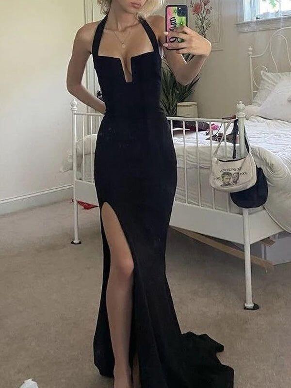 Sexy schwarzes langes Abendkleid im Meerjungfrauen-Stil mit Neckholder und Schlitz, DP3321