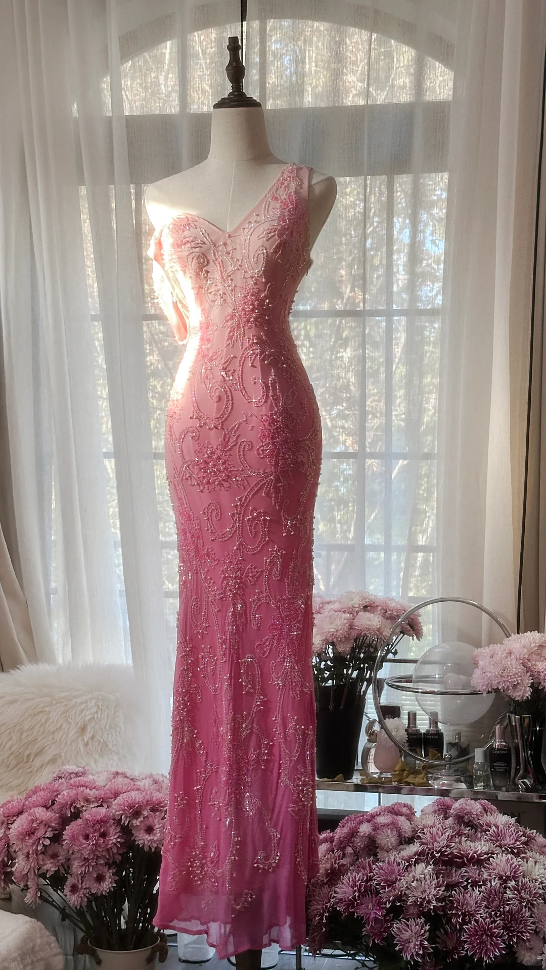 Rosa Ombre V-Ausschnitt Meerjungfrau Perlenbesetztes langes Ballkleid Vintage Partykleid, DP5283
