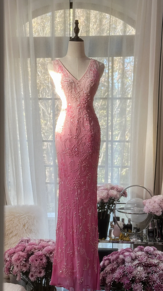 Pink Ombre V Neck Mermaid Beading Long Prom Dress Vintage Party Dress, DP5283