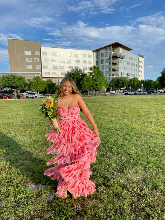Pink Strapless A-Line Printed Chiffon Tiered Long Party Dress, DP3648