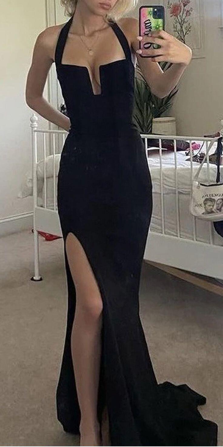 Sexy schwarzes langes Abendkleid im Meerjungfrauen-Stil mit Neckholder und Schlitz, DP3321
