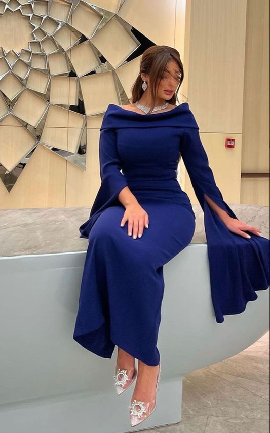 Robe de soirée bleu roi à épaules dénudées et manches longues, DP3408