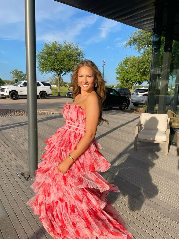 Pink Strapless A-Line Printed Chiffon Tiered Long Party Dress, DP3648