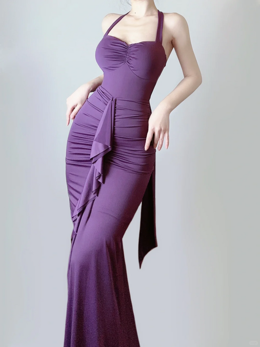 Elegant Purple Halter Neck Mermaid Ruffles Long Party Dress Evening Gown, DP5374