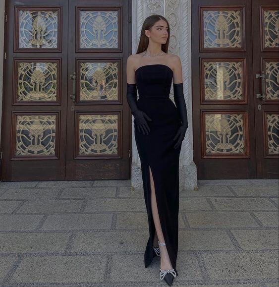 Sexy schwarzes trägerloses Meerjungfrau-Abendkleid mit Schlitz, DP2950