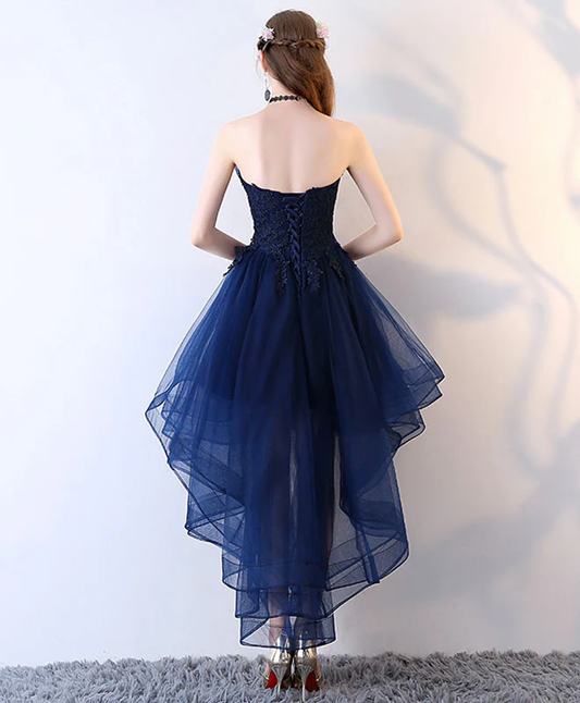 Robe de soirée trapèze en tulle bleu marine rétro sans bretelles avec ourlet à volants DP6074