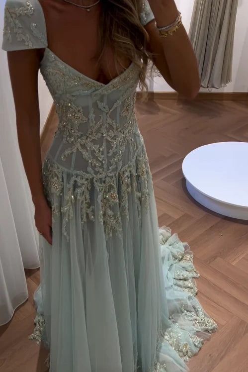 Glamorous Dusty Blue Embroidered Lace Prom Dress Tulle Beaded Evening Gown DP7914