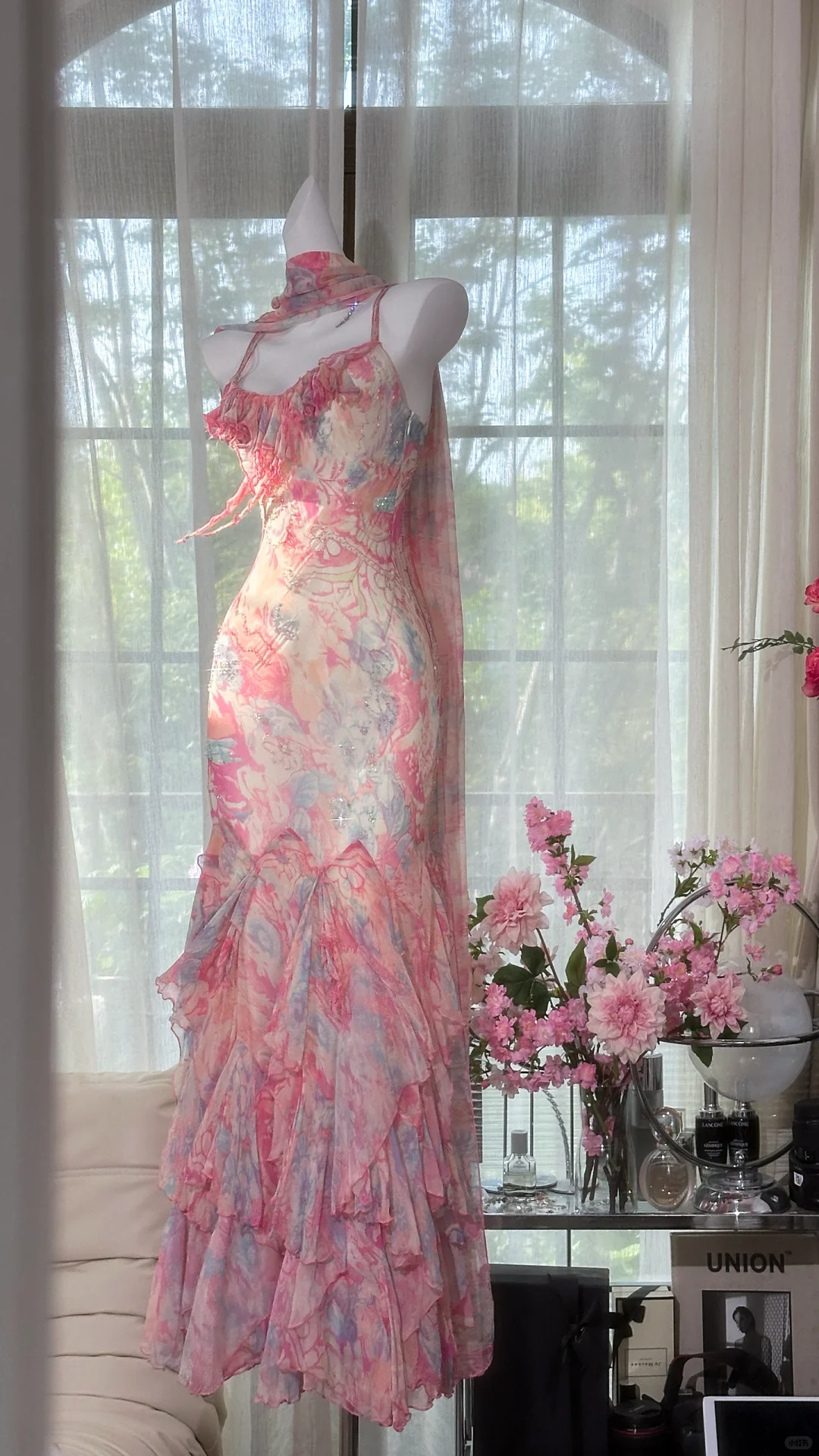 Gorgeous Pink Floral Seuqin Mermaid Chiffon Long Prom Dress Evening Dress DP6362