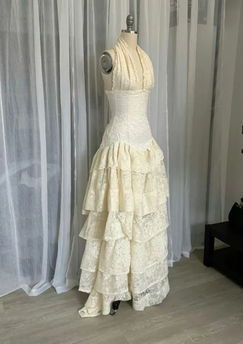 Vintage Halter Lace Tiered Ivory Long Prom Dress Birthday Outfits, DP3327