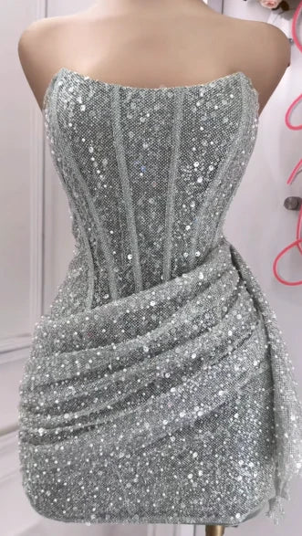 Chic Shiny Pink Sequin Homecoming Dress Strapless Party Dress Short Sheath Cocktail Dress, DP6621