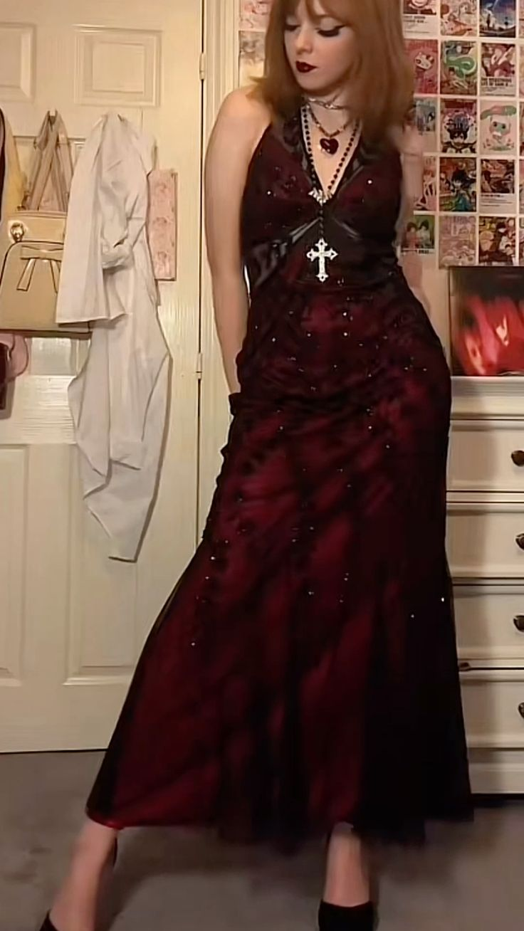 Burgundy Gothic V Neck Halter Lace Unique Long Prom Dress, DP2722 DSProm Burgundy Gothic V Neck Halter Lace Unique Long Prom Dress, DP2722 DSProm