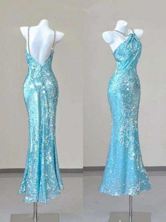 Turquoise Sequin Spaghetti Strap Mermaid Beaded Prom Dress DP3791