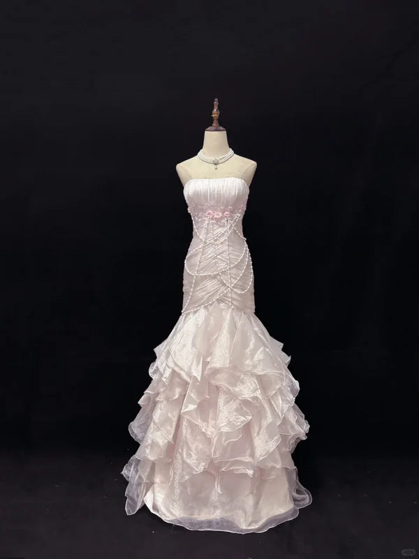 Elegant Light Pink Strapless Chiffon Sweet 16 Quinceanera Mermaid Evening Dress Ball Gown DP6289