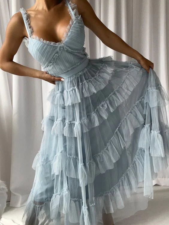 Light Blue A-Line Tulle Tiered Cute Prom Dress Party Gown, DP2561