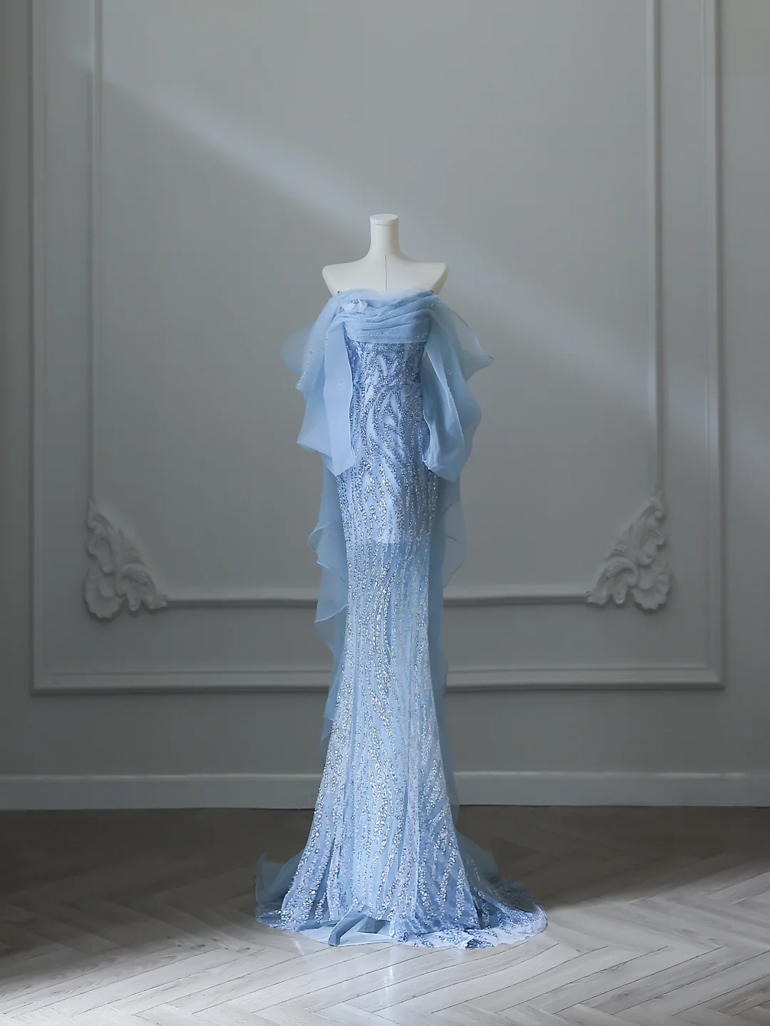 Blue Off Shoulder Mermaid Sequins Birthday Outfits Prom Dress Evening Gowns, DP5147