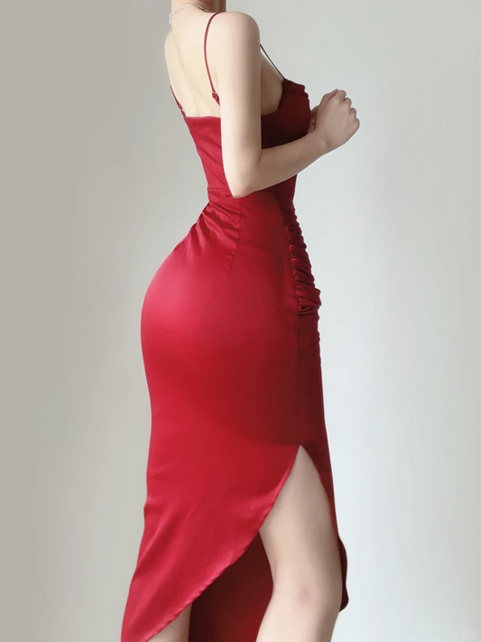 Sexy Red Spaghetti Straps Mermaid Satin Long Party Dress Evening Gown, DP5375