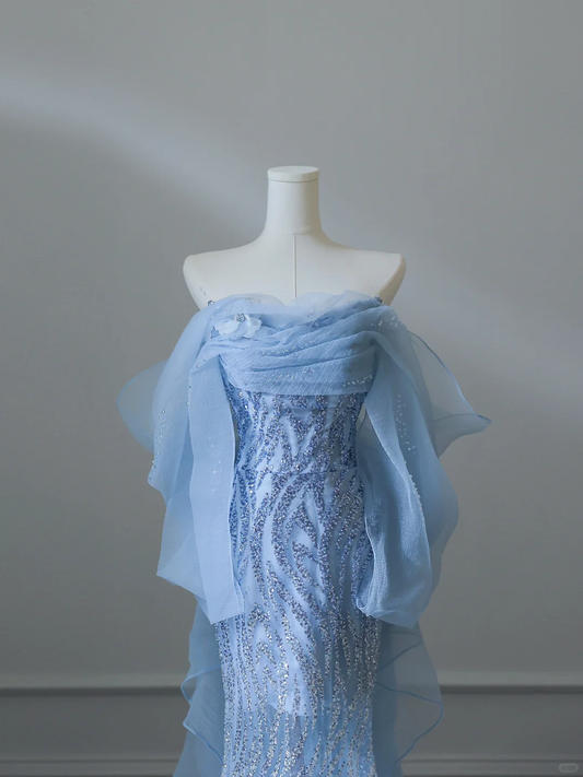 Blue Off Shoulder Mermaid Sequins Birthday Outfits Prom Dress Evening Gowns, DP5147