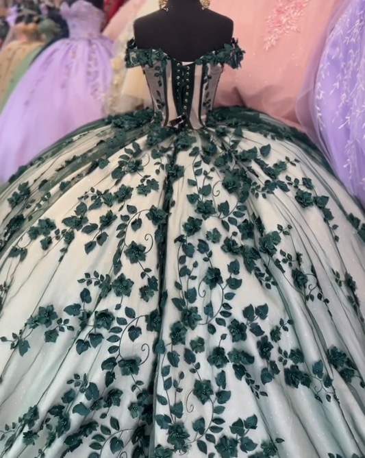 Green Off Shoulder Appliques Lace Ball Gown Sweet 15 Quinceanera Dress, DP3005