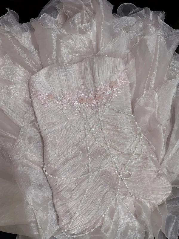 Elegant Light Pink Strapless Chiffon Sweet 16 Quinceanera Mermaid Evening Dress Ball Gown DP6289