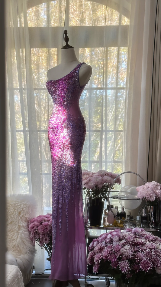 Purple One Shoulder Sequins Mermaid Long Prom Dress Vintage Party Dress, DP5284