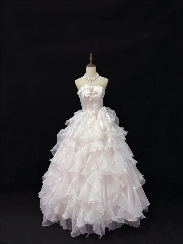 Vintage Light Pink Strapless Chiffon Sweet 16 Quinceanera A-Line Ruffles Evening Dress Ball Gown DP6297