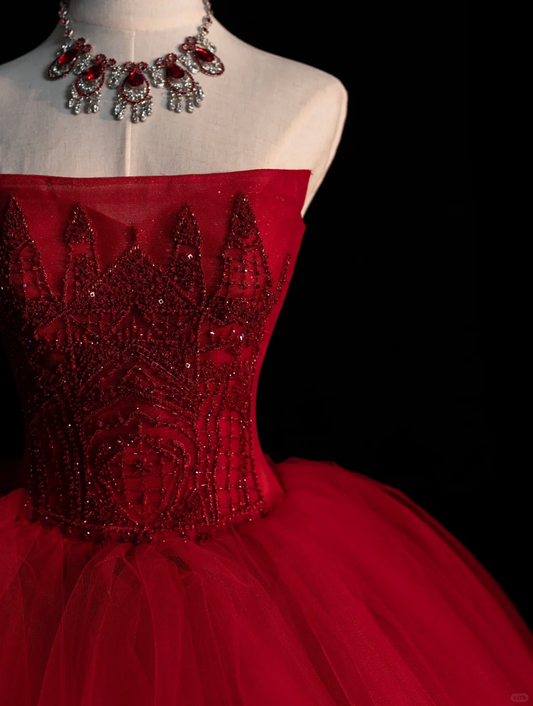 Dreamy Red Strapless A-Line Tulle Beading Prom Dress Birthday Ball Gown, DP5232