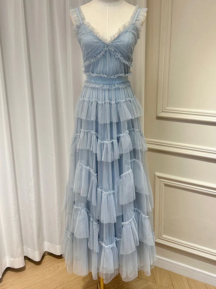 Light Blue A-Line Tulle Tiered Cute Prom Dress Party Gown, DP2561