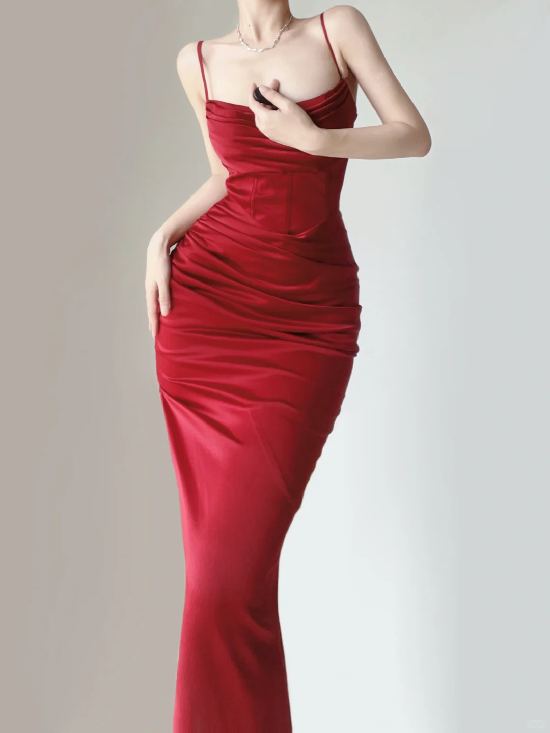 Sexy Red Spaghetti Straps Mermaid Satin Long Party Dress Evening Gown, DP5375