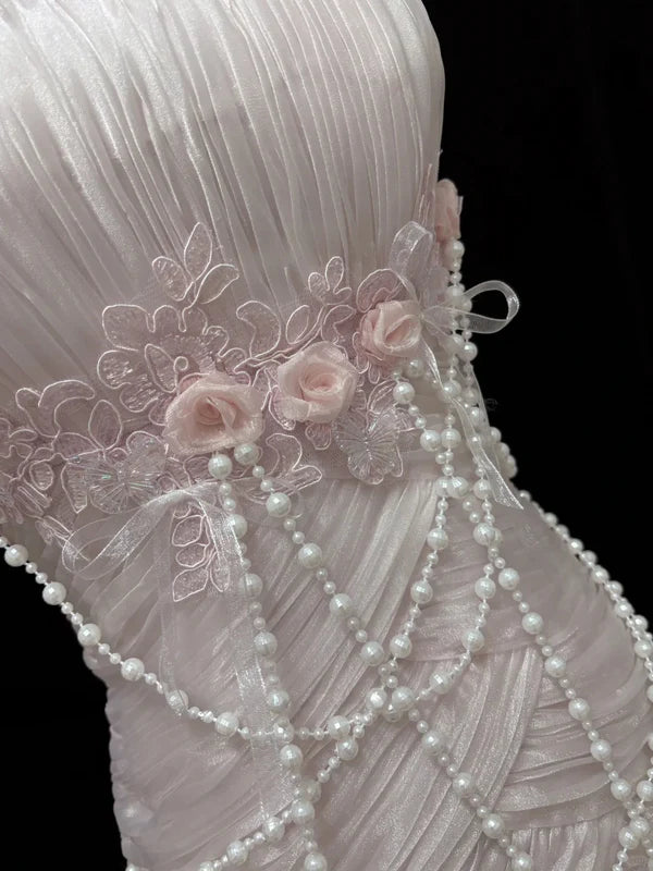 Elegant Light Pink Strapless Chiffon Sweet 16 Quinceanera Mermaid Evening Dress Ball Gown DP6289
