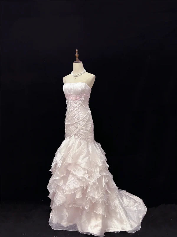 Elegant Light Pink Strapless Chiffon Sweet 16 Quinceanera Mermaid Evening Dress Ball Gown DP6289