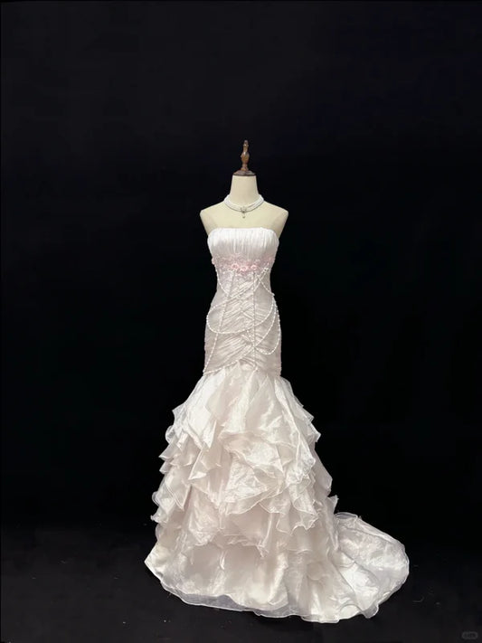 Elegant Light Pink Strapless Chiffon Sweet 16 Quinceanera Mermaid Evening Dress Ball Gown DP6289